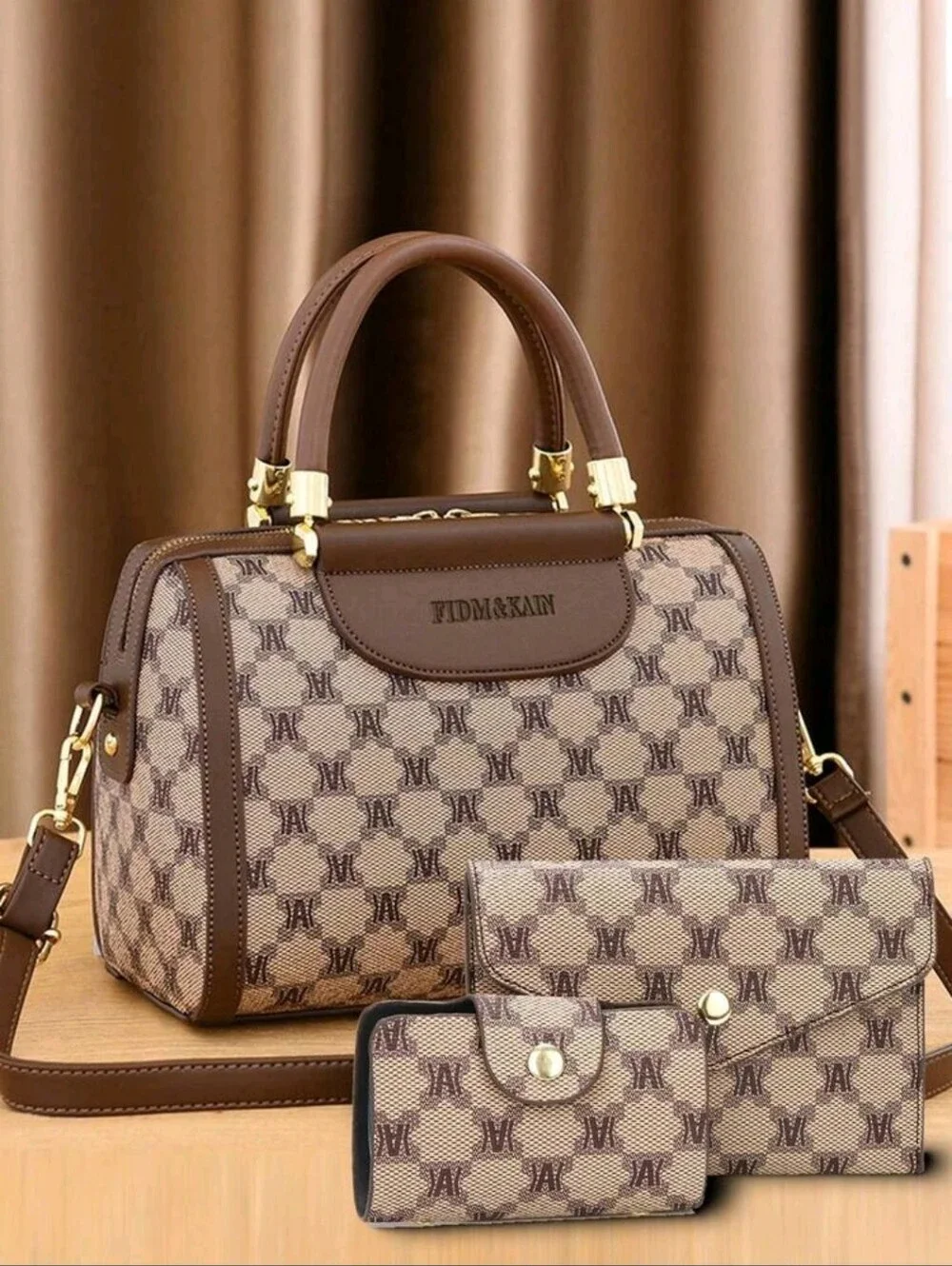 Coffee/Brown Signature Satchel 3pcs Set Fashion Printed Tote Bag, Wallet, Pillow